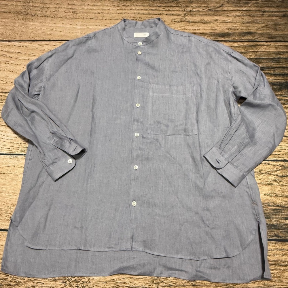 HUIS Band Collar Linen Shirt Adult Size F Gray Long Sleeve Oversized Japan